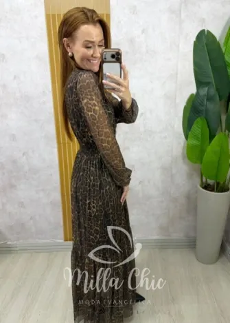 Milla Chic - Vestido Gláucia longo em tule - Animal Print