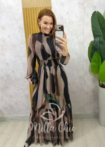 Milla Chic - Vestido Gláucia longo em tule - Marrom