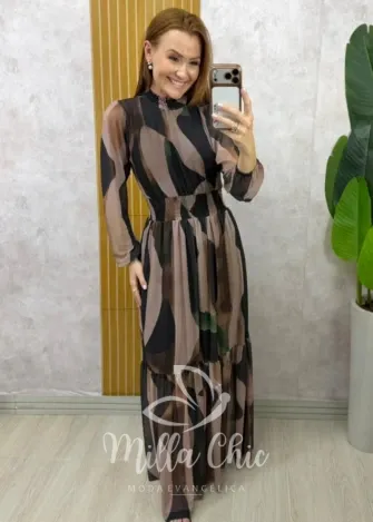 Milla Chic - Vestido Gláucia longo em tule - Marrom