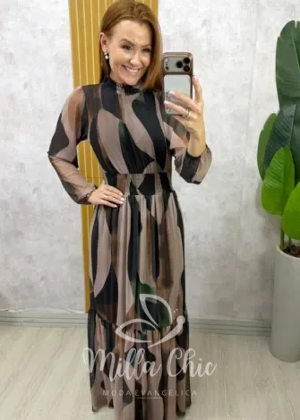 Milla Chic - Vestido Gláucia longo em tule - Marrom