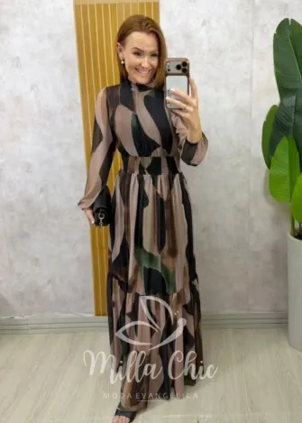 Milla Chic - Vestido Gláucia longo em tule - Marrom
