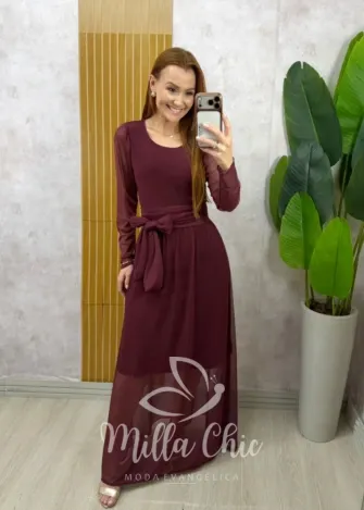Milla Chic - Vestido Odete longo em tule - Bordô