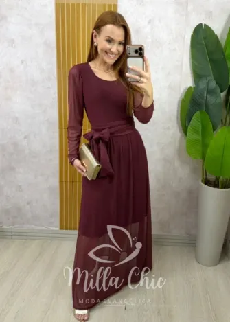 Milla Chic - Vestido Odete longo em tule - Bordô