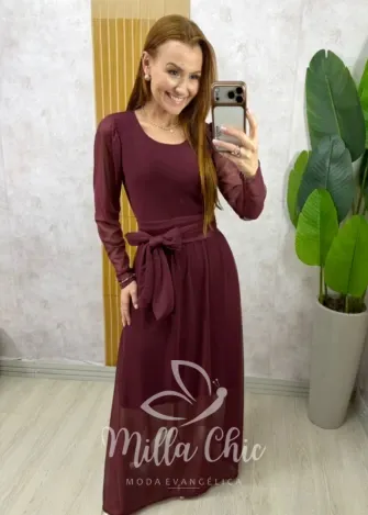 Milla Chic - Vestido Odete longo em tule - Bordô