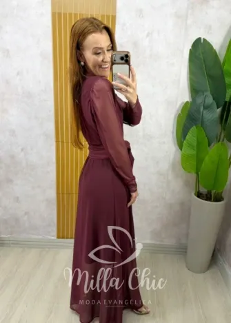 Milla Chic - Vestido Odete longo em tule - Bordô