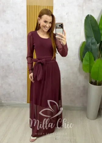 Milla Chic - Vestido Odete longo em tule - Bordô