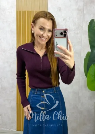 Milla Chic - Blusa Lídia em Tricot manga longa - Açaí