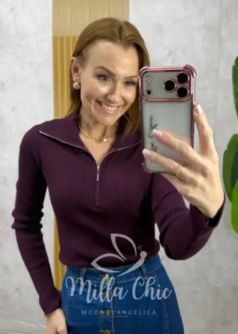 Milla Chic - Blusa Lídia em Tricot manga longa - Açaí