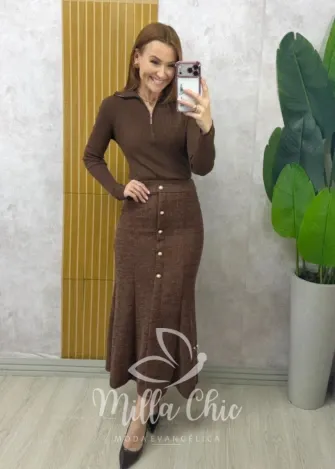 Milla Chic - Blusa Lídia em Tricot manga longa - Marrom