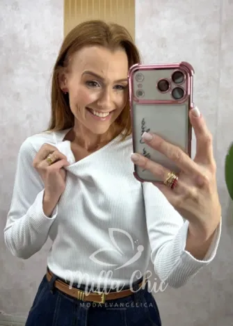 Milla Chic - Blusa Térmica Importada Aurélie Gola Redonda - Branca