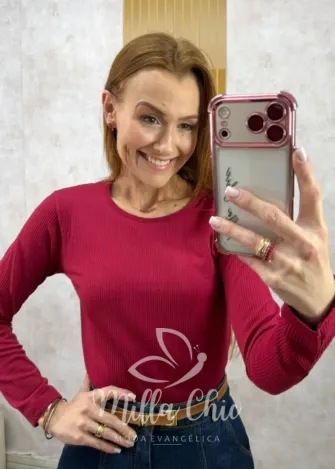 Milla Chic - Blusa Térmica Importada Aurélie Gola Redonda - Cherry