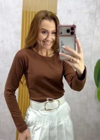 Milla Chic - Blusa Térmica Importada Aurélie Gola Redonda - Marrom