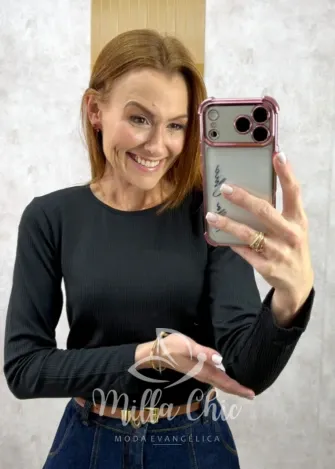 Milla Chic - Blusa Térmica Importada Aurélie Gola Redonda - Preta
