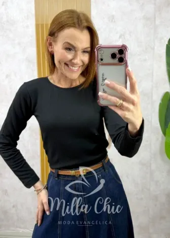 Milla Chic - Blusa Térmica Importada Aurélie Gola Redonda - Preta