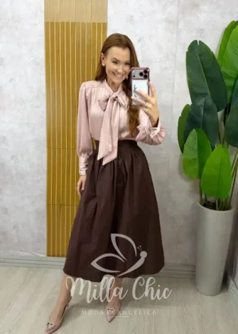 Milla Chic - Saia Francisca em tricoline - Marrom