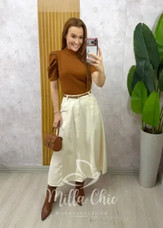 Milla Chic - Saia Jeans Regina com cinto - Creme