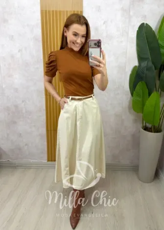 Milla Chic - Saia Jeans Regina com cinto - Creme