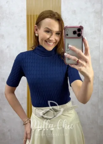 Milla Chic - Blusa cacharel Maitê em Tricot - Azul