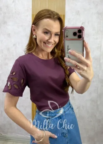 Milla Chic - Blusa Celina malha algodão bordada - Açaí