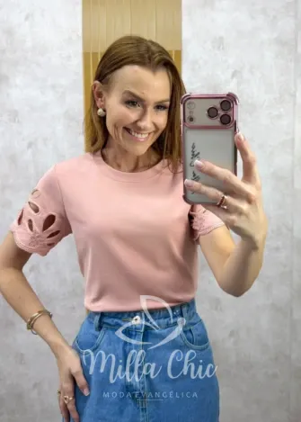 Milla Chic - Blusa Celina malha algodão bordada - Rosa