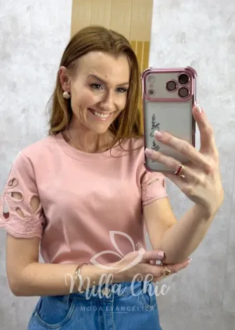 Milla Chic - Blusa Celina malha algodão bordada - Rosa