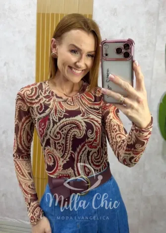 Milla Chic - Blusa Eloise em tule estampado - Bordô