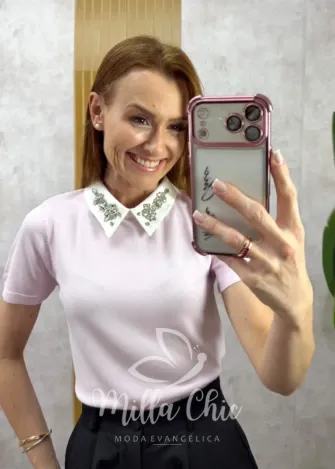 Milla Chic - Blusa Livia em Tricot bordada - Rosa