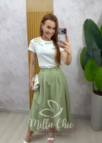 Milla Chic - Blusa Madalena em malha bordada - Branca