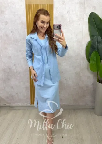 Milla Chic - Conjunto Zara vestido malha com camisa linho - Azul