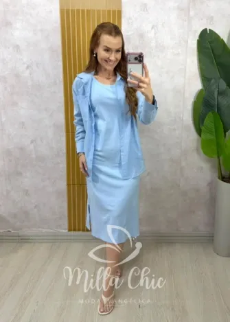 Milla Chic - Conjunto Zara vestido malha com camisa linho - Azul