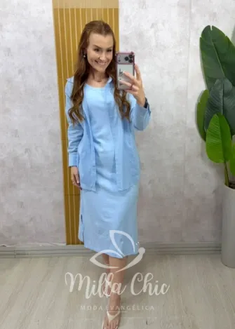 Milla Chic - Conjunto Zara vestido malha com camisa linho - Azul