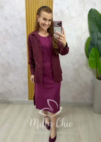 Milla Chic - Conjunto Zara vestido malha com camisa linho - Cherry