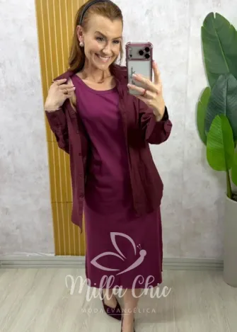 Milla Chic - Conjunto Zara vestido malha com camisa linho - Cherry