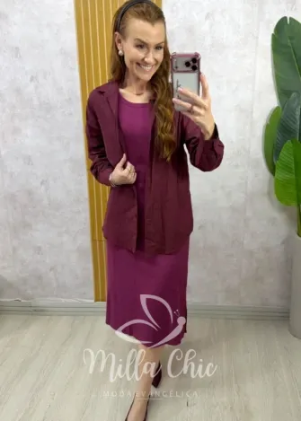 Milla Chic - Conjunto Zara vestido malha com camisa linho - Cherry