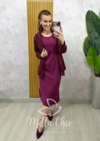 Milla Chic - Conjunto Zara vestido malha com camisa linho - Cherry