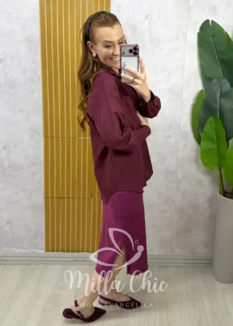 Milla Chic - Conjunto Zara vestido malha com camisa linho - Cherry