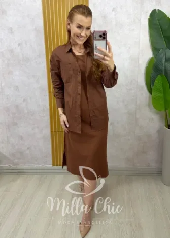 Milla Chic - Conjunto Zara vestido malha com camisa linho - Marrom