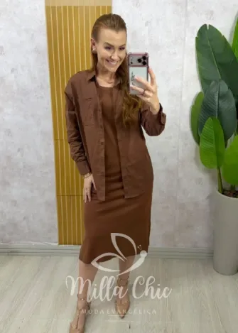 Milla Chic - Conjunto Zara vestido malha com camisa linho - Marrom