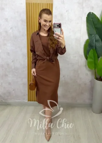 Milla Chic - Conjunto Zara vestido malha com camisa linho - Marrom