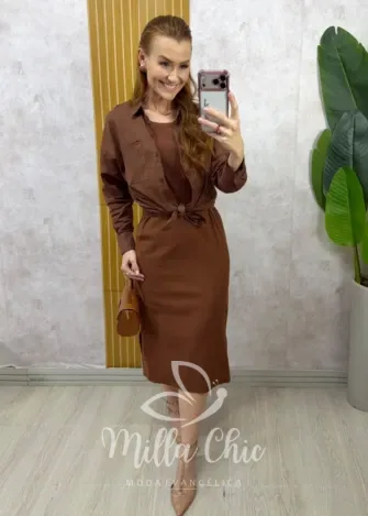 Milla Chic - Conjunto Zara vestido malha com camisa linho - Marrom