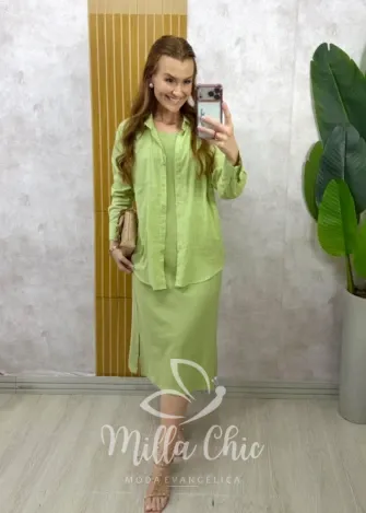 Milla Chic - Conjunto Zara vestido malha com camisa linho - Menta