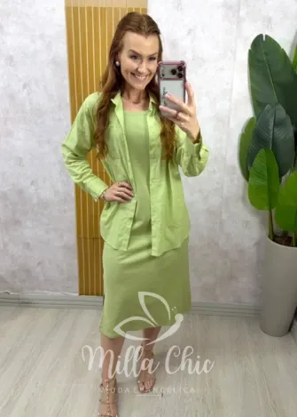 Milla Chic - Conjunto Zara vestido malha com camisa linho - Menta