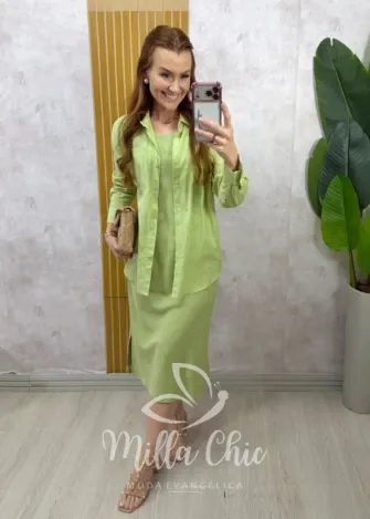 Milla Chic - Conjunto Zara vestido malha com camisa linho - Menta