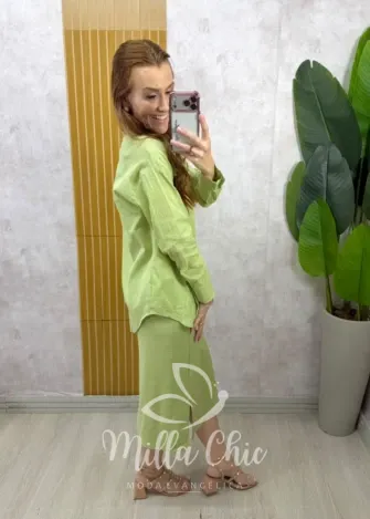 Milla Chic - Conjunto Zara vestido malha com camisa linho - Menta