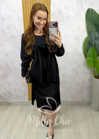 Milla Chic - Conjunto Zara vestido malha com camisa linho - Preto
