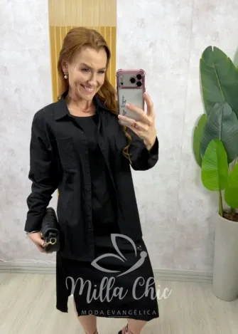 Milla Chic - Conjunto Zara vestido malha com camisa linho - Preto