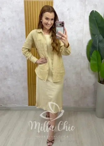 Milla Chic - Conjunto Zara vestido malha com camisa linho - Rosa (cópia)