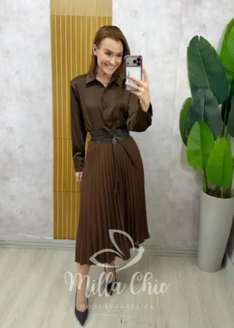 Milla Chic - Saia Plissada Augusta Mídi - Marrom