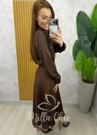 Milla Chic - Saia Plissada Augusta Mídi - Marrom