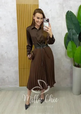 Milla Chic - Saia Plissada Augusta Mídi - Marrom